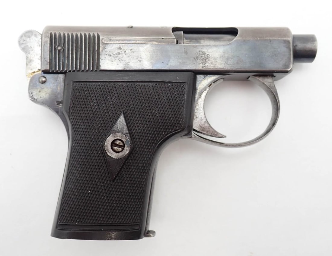Webley & Scott Model 1906 Pistol: SN: 14867 Cal: .25 auto Action Type: Semi-Automatic Barrel Length: 2" Sights/Optics: N/A Stock: synthetic Finish: blue Bore: very good Overall Cond: very good Mechanical: very good Classification: