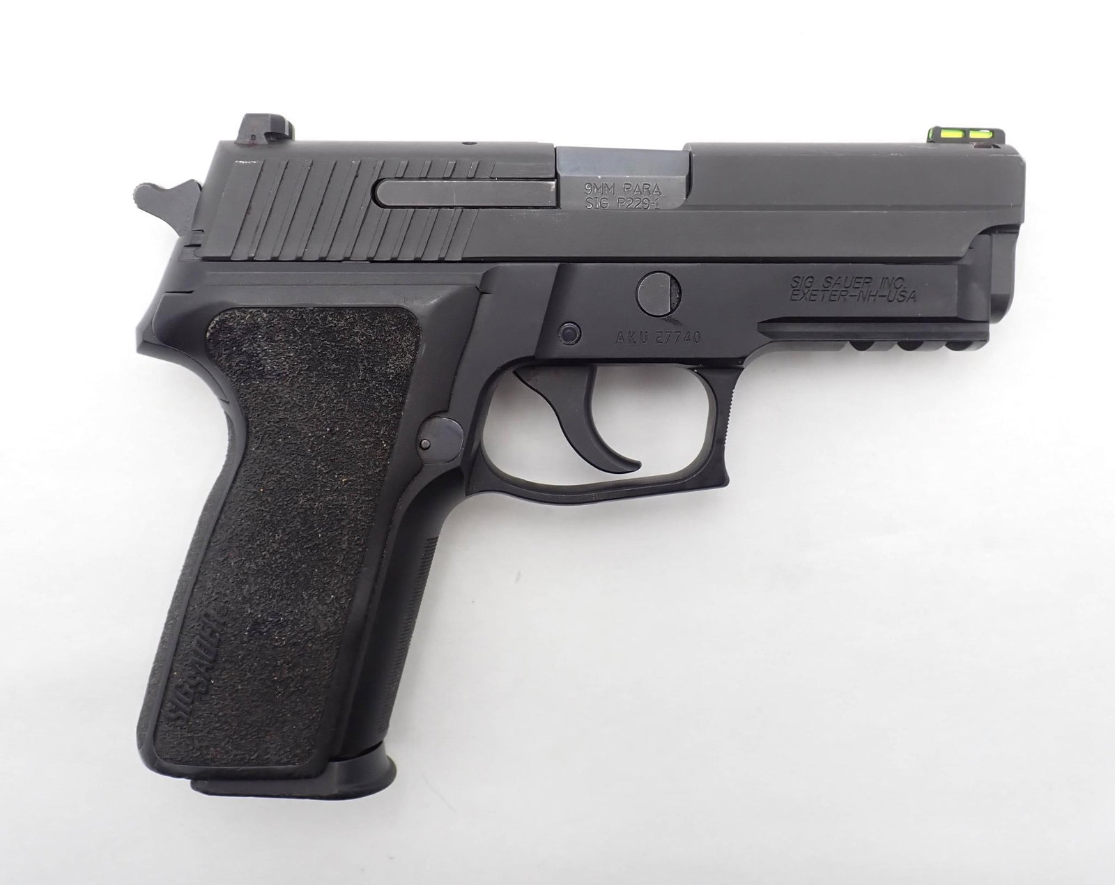 Sig Sauer P229 Pistol: SN: AKU27740 Cal: 9mm Action Type: Double Action Semi-Automatic Barrel Length: 3.75" Sights/Optics: night sights Bore: excellent Overall Cond: very good / excellent Mechanical:<