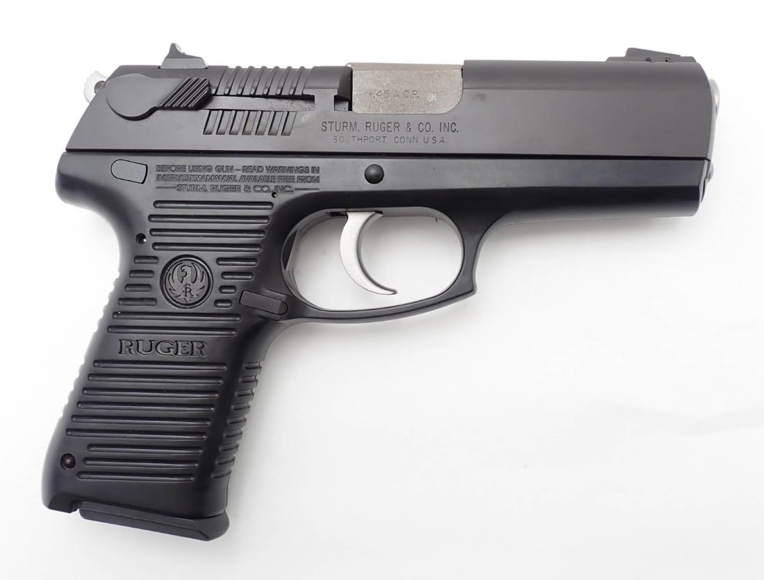 Ruger P97DC Pistol: SN: 663-44973 Cal: .45 ACP Action Type: Double Action Semi-Automatic Barrel Length: 4" Finish: blue Bore: very good / excellent Overall Cond: very good / excellent Mechanical: fine Box/Papers/Acc: