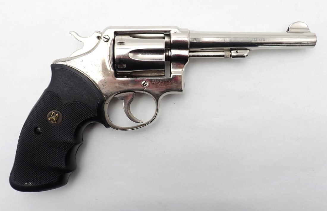 Smith & Wesson 10 Revolver: SN: C105423 Cal: .38 Spec. Action Type: Double Action Barrel Length: 5" Stock: Pachmayr grips Finish: refinished in nickel Bore: good with a little very very light pitting Overall Cond: good