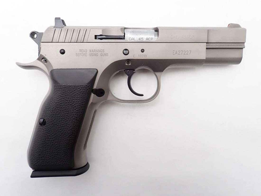 EAA Witness Pistol: SN: EA27227 Cal: .45 ACP Action Type: Double Action Semi-Automatic Barrel Length: 4.5" Stock: Tanfoglio grips Finish: stainless steel Bore: very good with a tiny bit of pitting Overall Cond: very