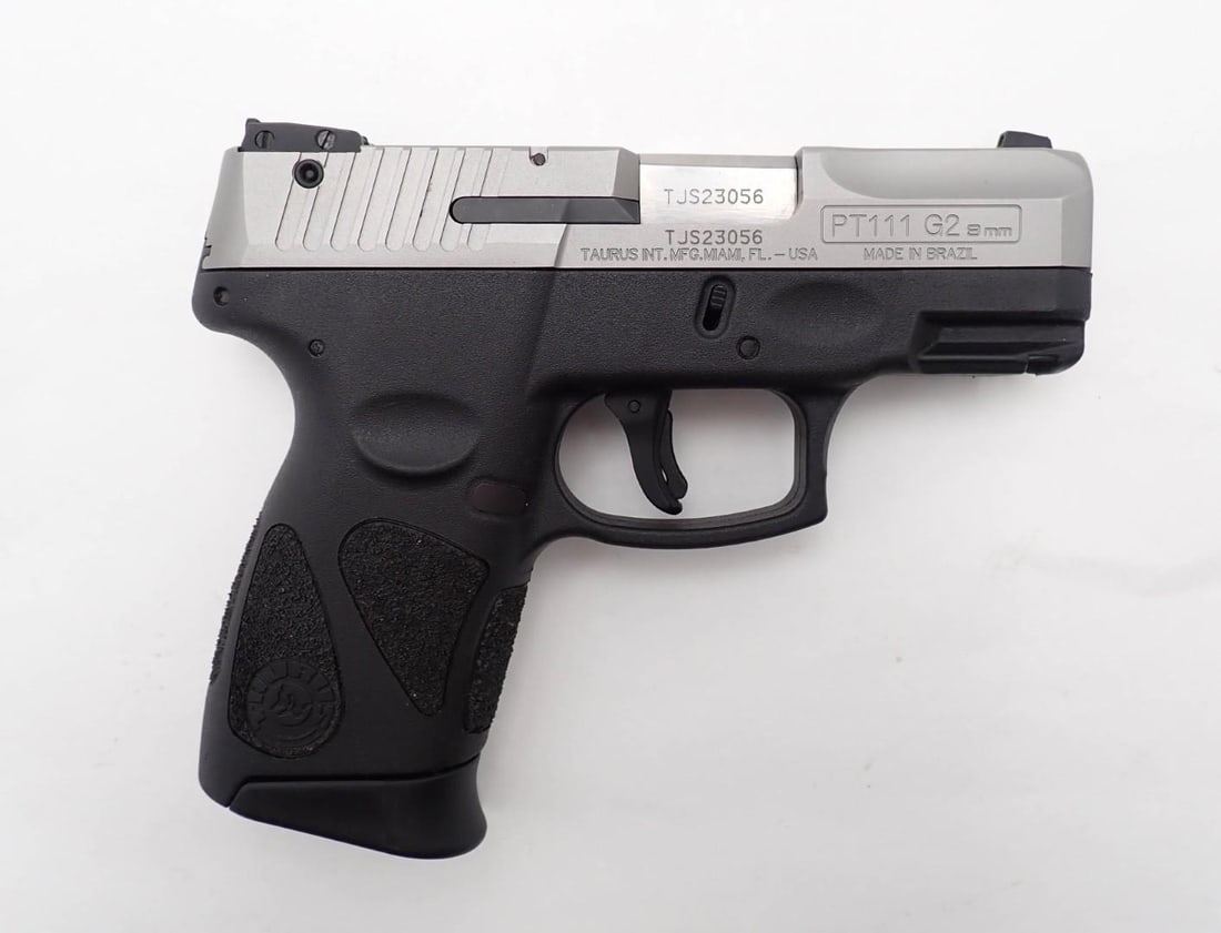 Taurus PT111G2 Pistol: SN: TJS23056 Cal: 9mm Action Type: Semi-Automatic Barrel Length: 3" Sights/Optics: adjustable sights Stock: synthetic Finish: stainless slide Bore: excellent Overall Cond: very good/ excellent