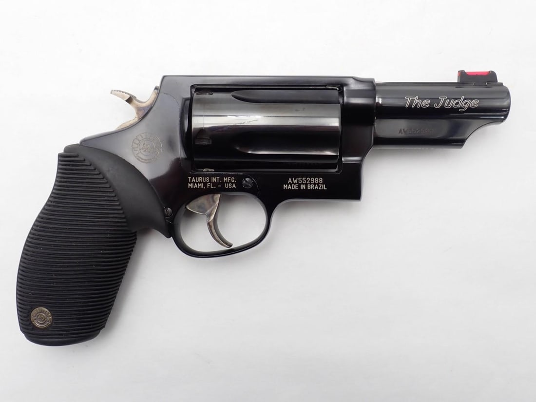 Taurus The Judge Revolver: SN: AW552988 Cal: .45 LC/.410 Action Type: Double Action Barrel Length: 3" Sights/Optics: fiber optic front sight Finish: blue Bore: very good / excellent Overall Cond: very good Mechanical: fine