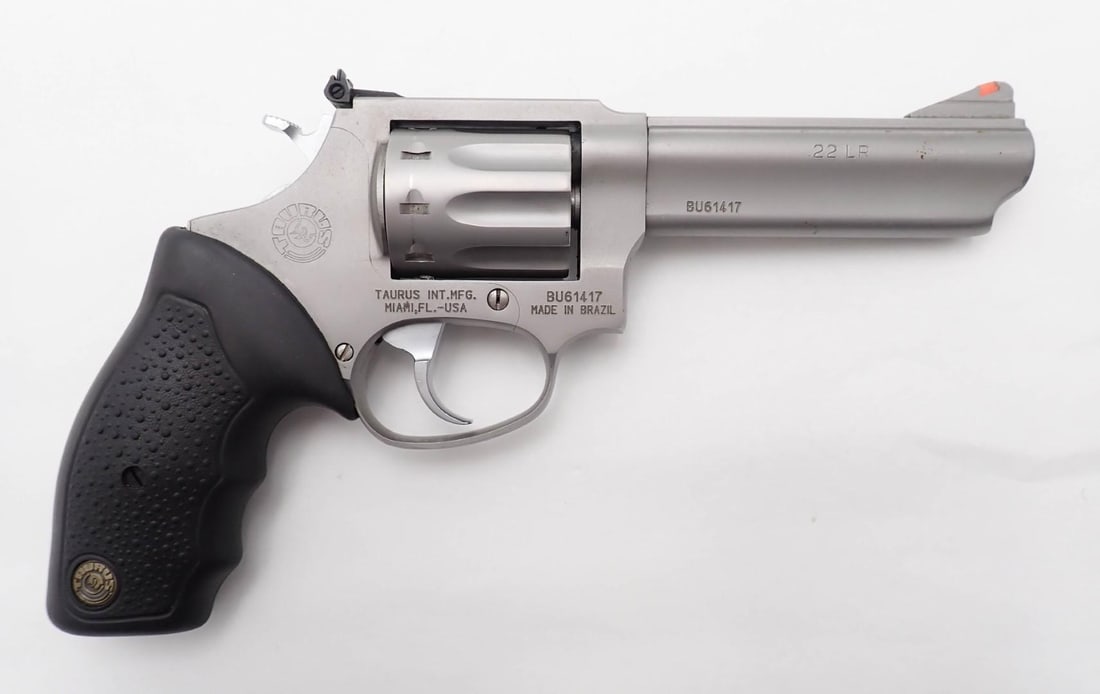 Taurus 94 Revolver: SN: BU61417 Cal: .22 LR Action Type: Double Action Barrel Length: 4" Sights/Optics: adjustable rear sight Finish: satin stainless steel Bore: very good / excellent Overall Cond: good Mechanical: fine
