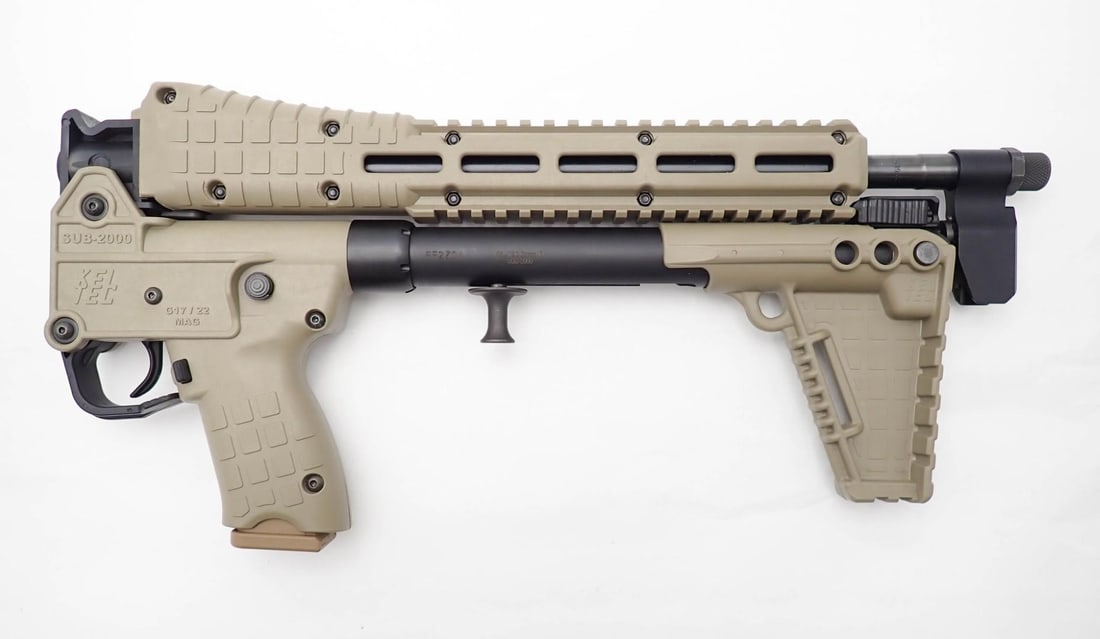 Kel-Tec Sub-2000 Folding Carbine: SN: FF2Z01 Cal: 9mm Action Type: Semi-Automatic Barrel Length: 16.25" Stock: synthetic Bore: good with very very light even pitting Overall Cond: very good Mechanical: fine Box/Papers/Acc: with (1)