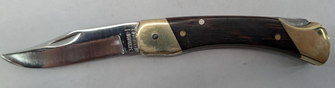 Schrade LB7 Folding Knife with leather sheath: s.n. Q45882, excellent condition