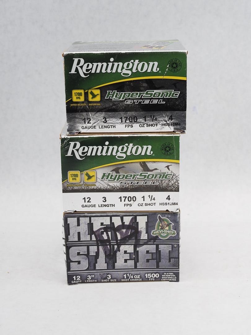 (2) Boxes of Remington 12 Ga. Hypersonic 3" 4 Shot: also incl. (1) box of Hevi Steel 12 ga. 3" 3 shot, (1) Remington box has 20 rounds