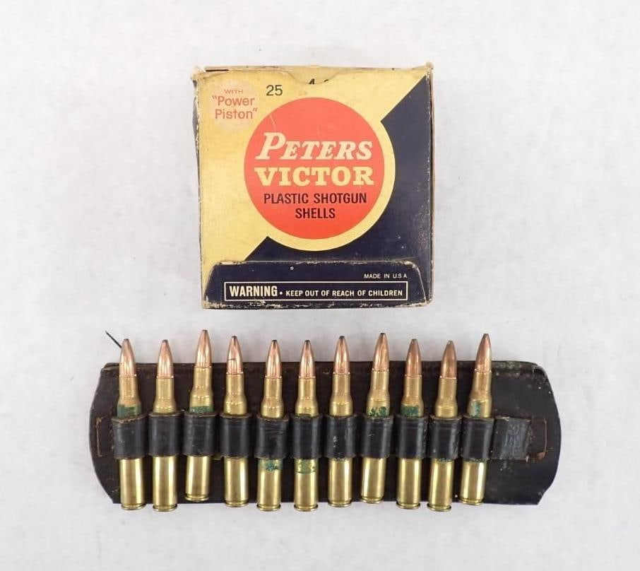 Vintage Peters Victor Shotgun Shell Box: incl. (15) misc. 20 ga shotgun shells, (11) .30-06 cartridges and leather ammo belt