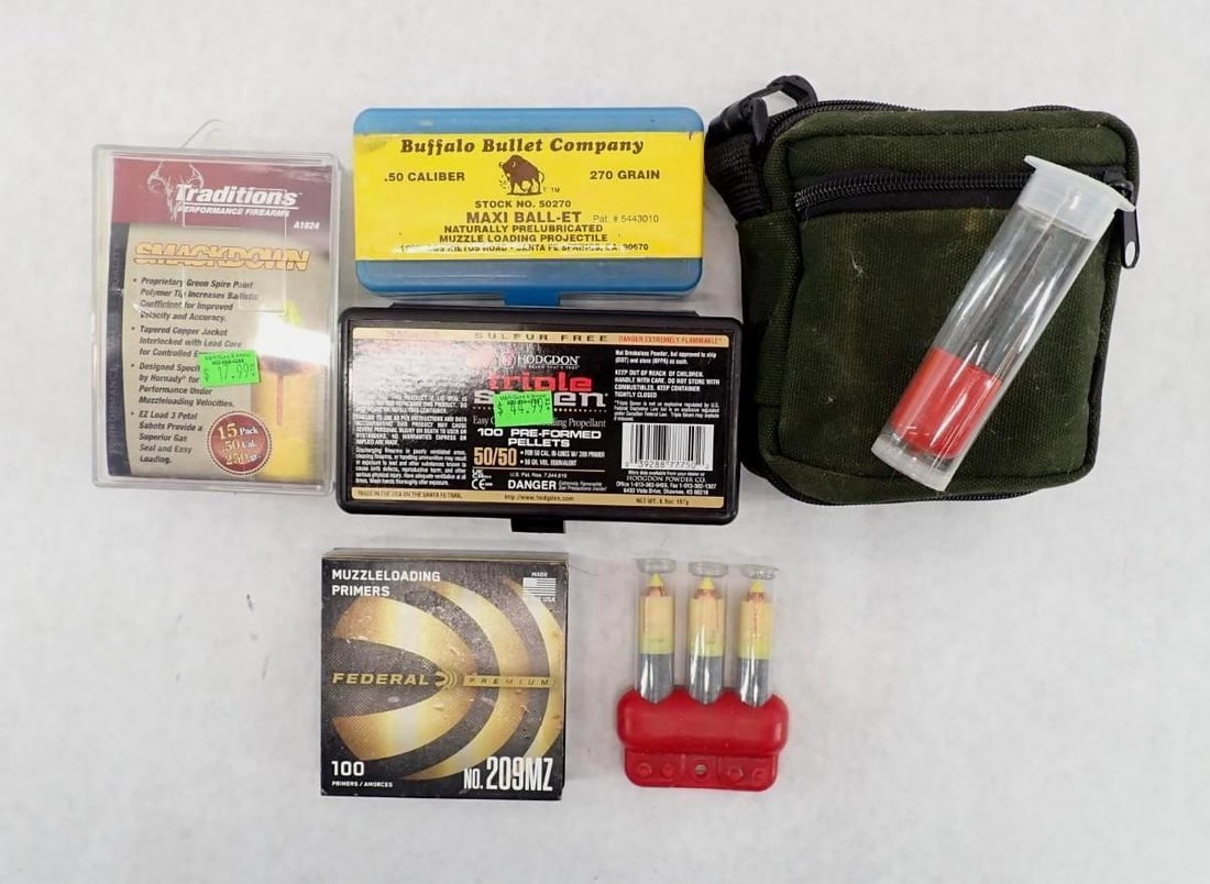 Misc. Muzzleloader Bullets: incl. 50/50 triple 7 pellets, misc. 50 cal bullets, partial box Federal 209 muzzleloader primers, tubes for storage