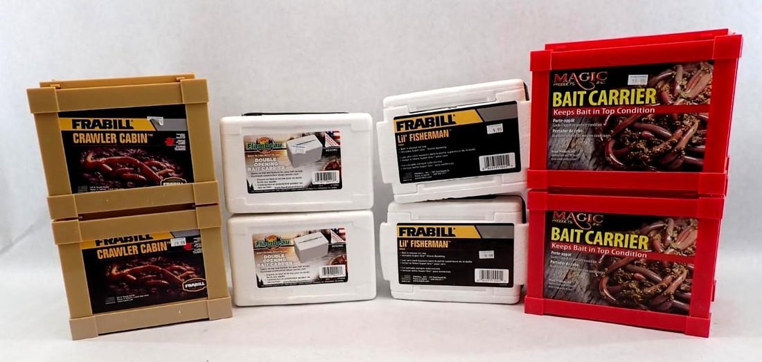 (8) Frabill Bait Carriers: (4) solid, (4) styrofoam