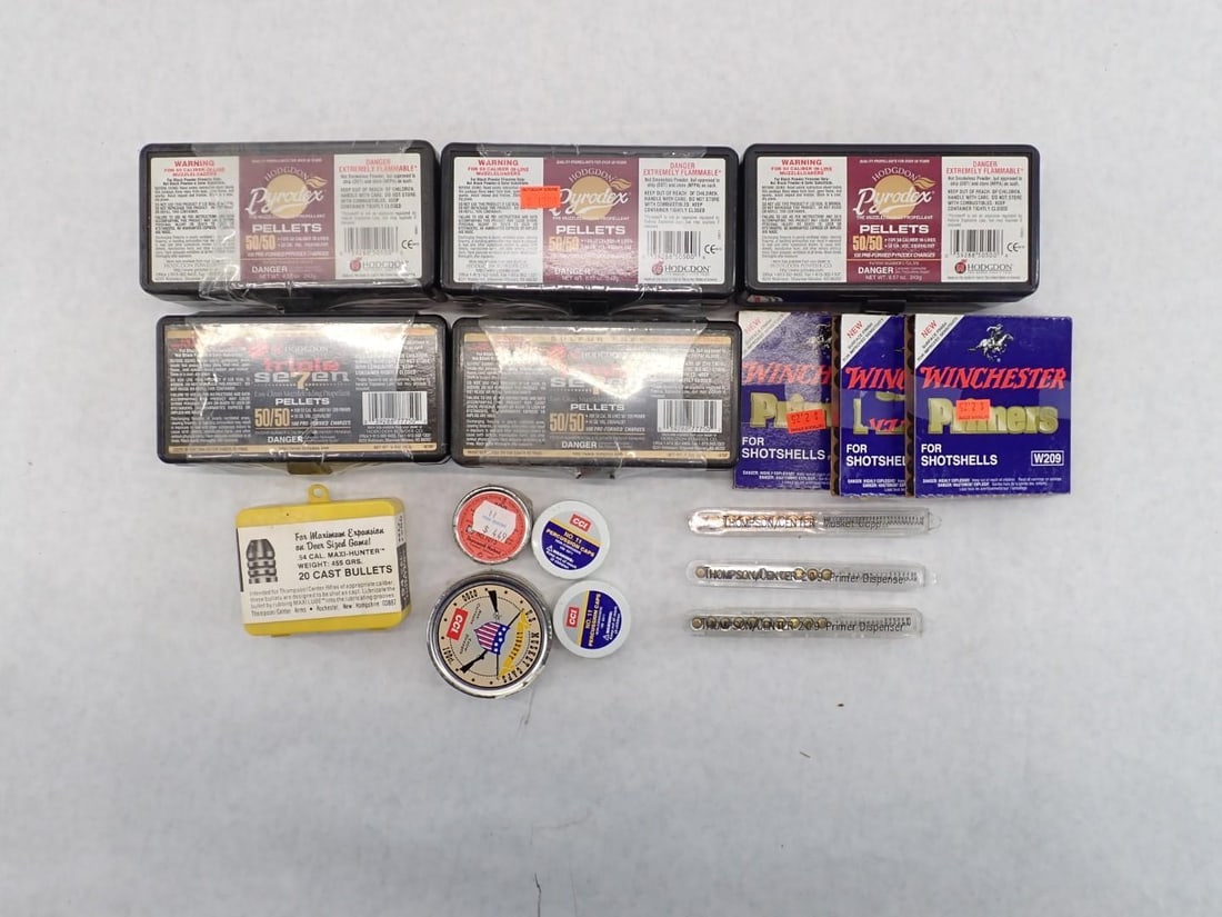 Black Powder Lot: incl. (5) boxes of 50/50 pellets, 50 cal, 54 cal, asst. primers, cast bullets, etc.