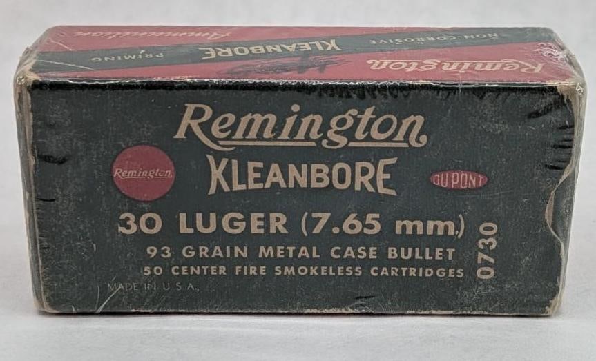 Vintage Box of Remington .30 Luger Cartridges: 93 grain FMJ