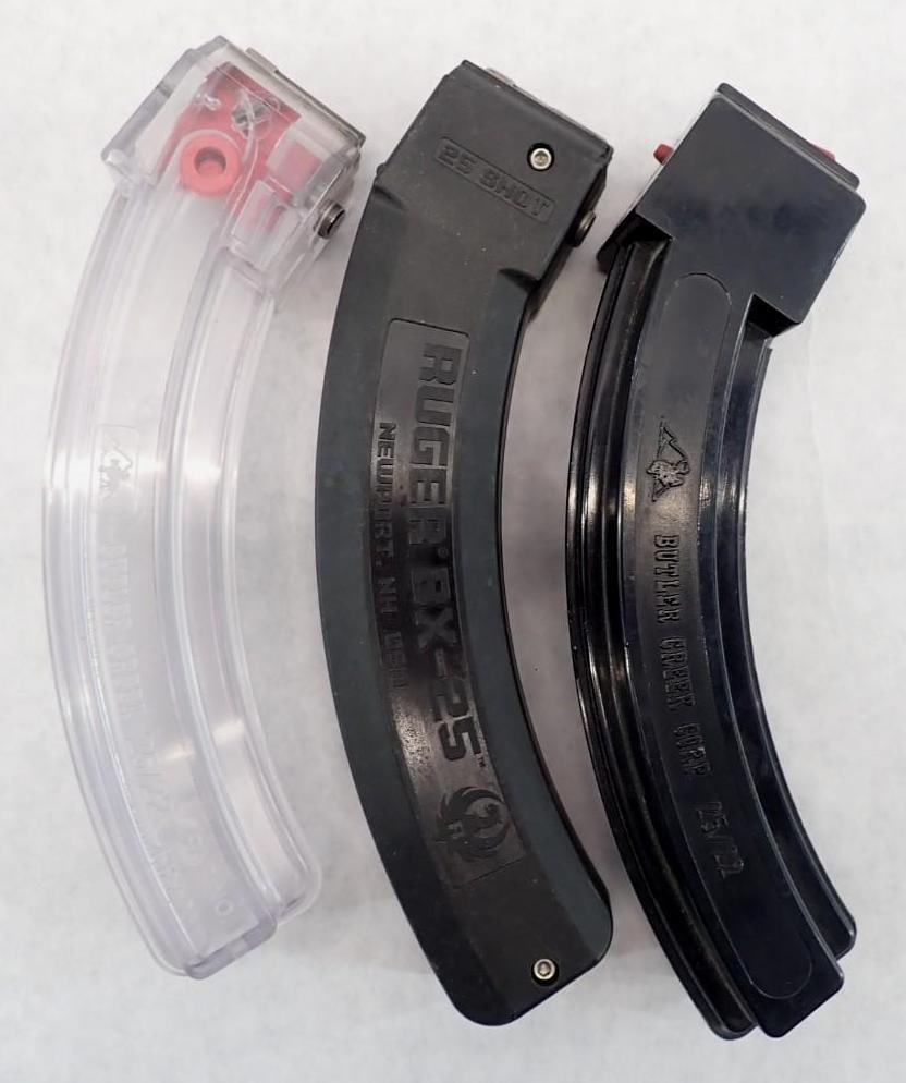 Ruger 10/22 .22 LR Magazines: (2) Butler Creek Corp 25/22, (1) Ruger BX-25, 25 round, *restrictions - Check your local state laws, before bidding