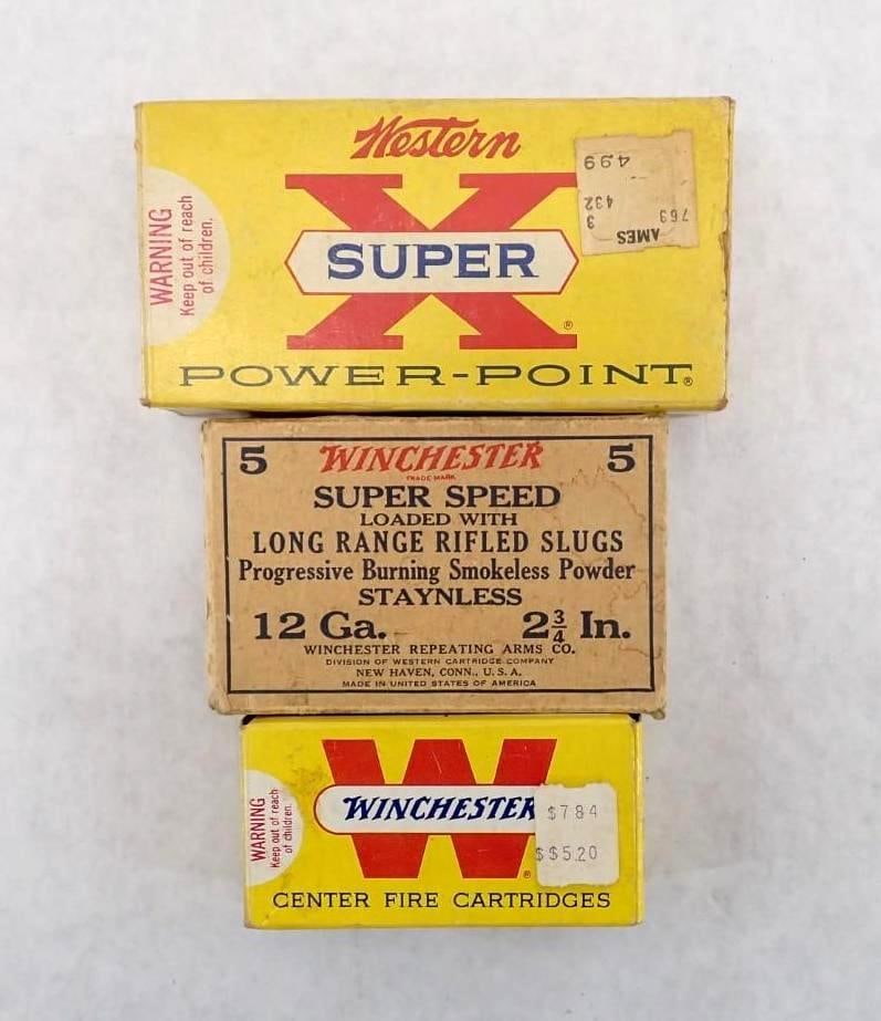 (3) Partial Boxes of Vintage Ammo: incl. (7) Winchester Super X .32 special rounds, (5) Winchester Super speed rifled slug rounds, (16) Winchester .32 automatic rounds