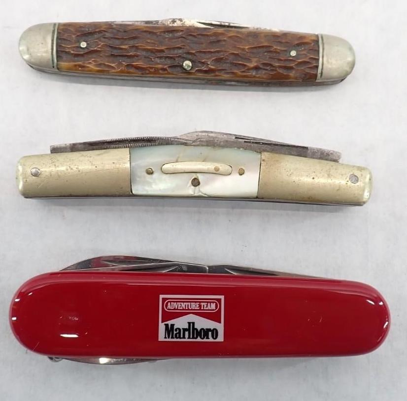 (3) Folding Pockt Knifes: (1) Marlboro Victorinox Swiss Army knife