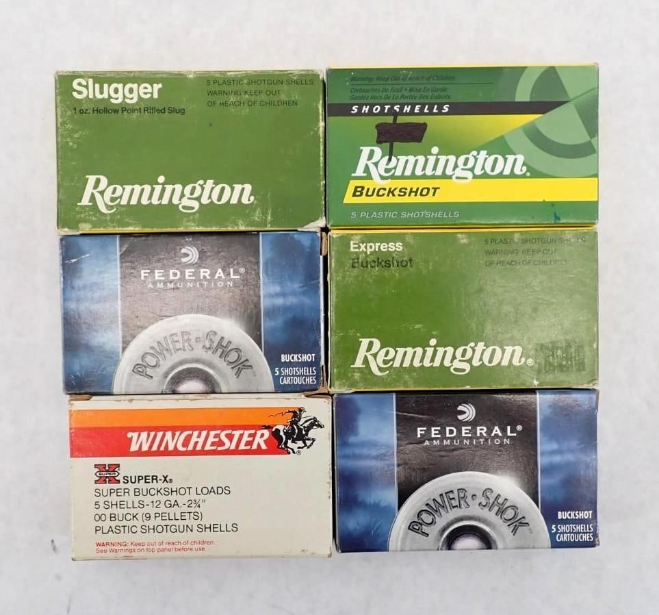 (6) Boxes of Assorted 12 Gauge Ammo: incl. (3) Remington buckshot and slugs, (2) Federal buckshot and (1) Winchester buckshot