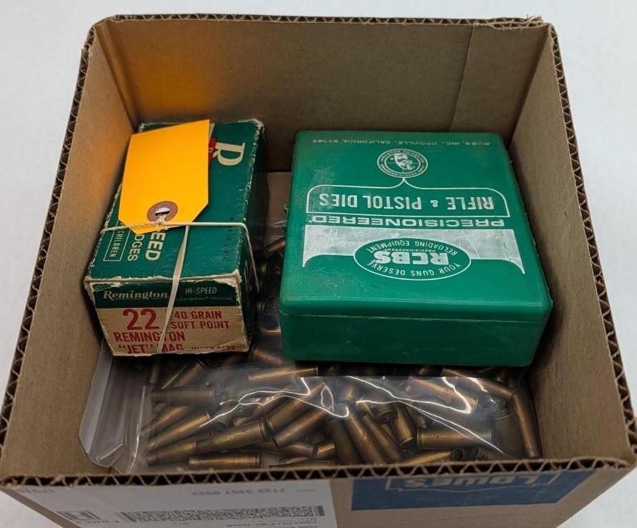 (21) Remington .22 Remington "Jet" Magnum Cartridges in Vintage Box: with a set of reloading dies and (156) Remington brass