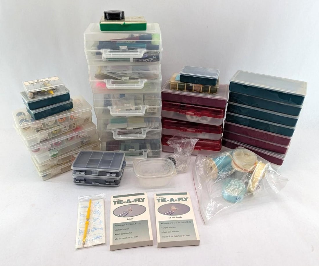 Fly Tying Lot: incl. fibers, thread, storage boxes, asst. natural fibers, etc. *tote not included