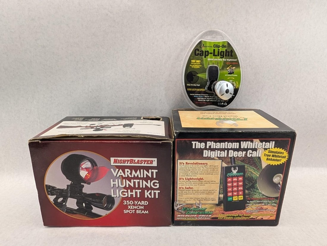 Hunting Accessories: incl. varmint hunting light kit, Phantom white tail digital deer call, and clip on LED light