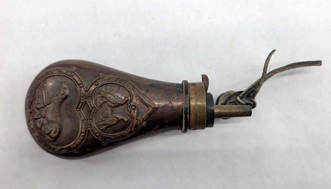 Italian Copper & Brass Powder Flask: 6.25" in length