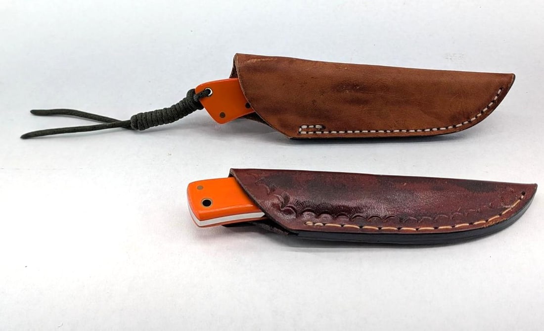 (2) Taber Fixed Blade Knives w/ Leather Sheaths: 8" & 7 5/8"