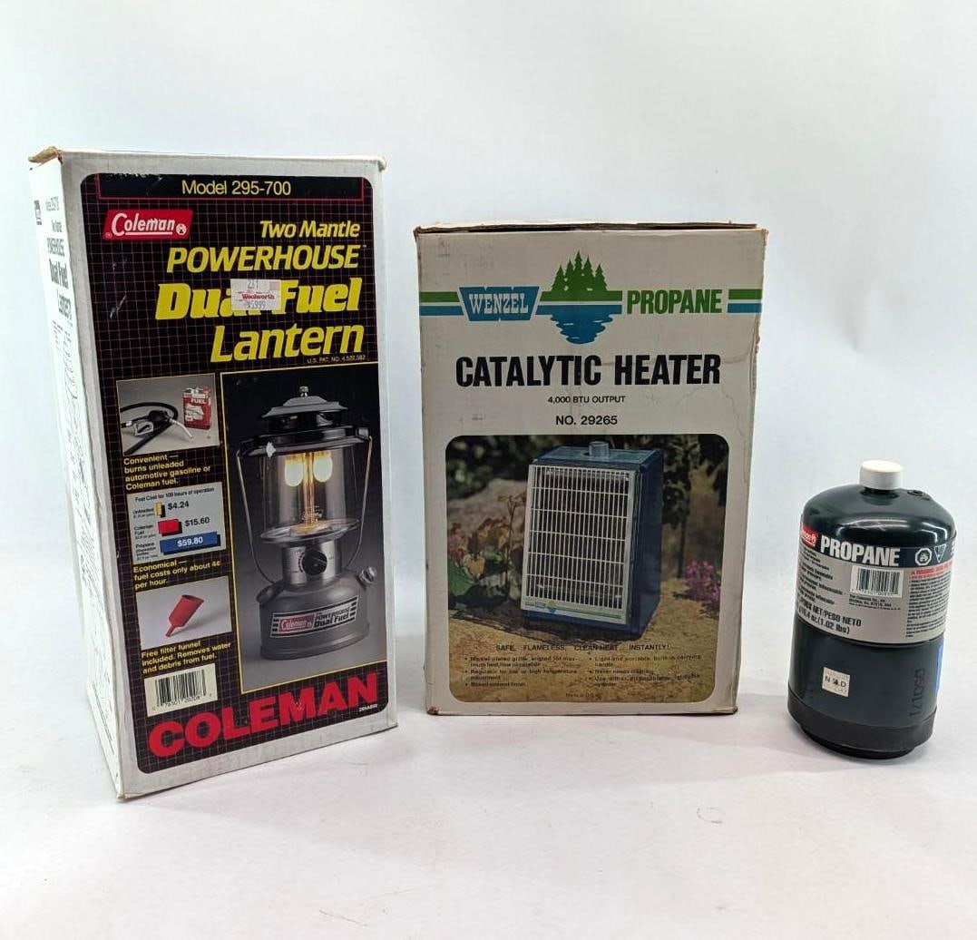 Catalytic Heater, Dual Fuel Lantern, & Coleman Propane Tank: asst. heaters