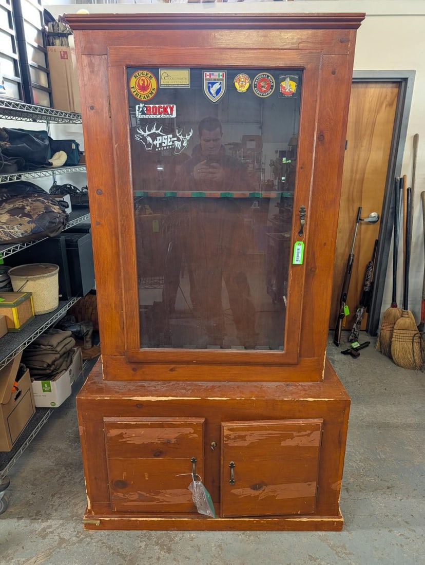 Six Place Pine Rifle Cabinet W/ Internal Locking Mechanism: overall 42.5"x 18"x 77.5", includes key