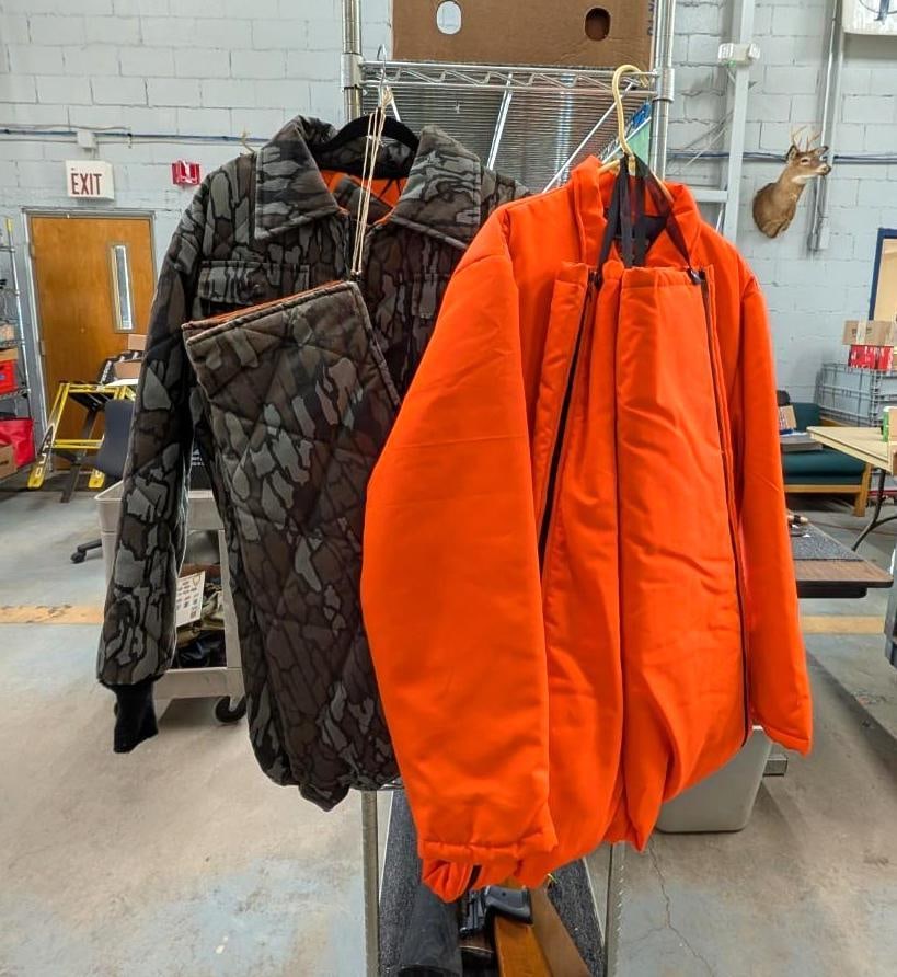 (2) Union Hunting Suites: (1) camo/reversible hi-viz size appears L/XL, (1) hi-viz size L