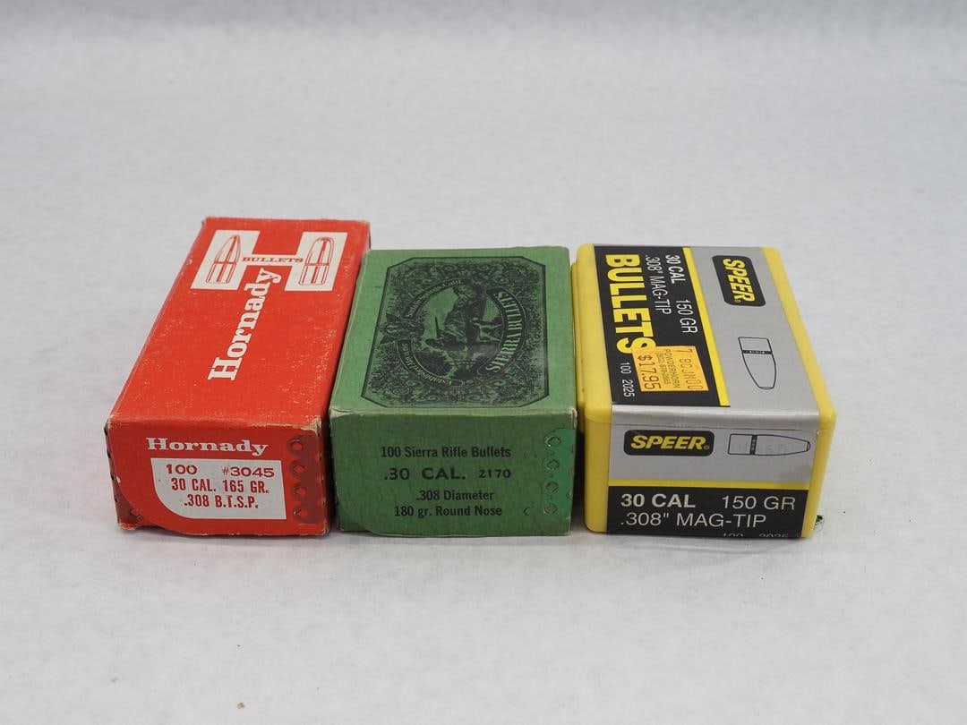 (130+/-) 30 Caliber Bullets: incl. Hornady, Speer, and Sierra