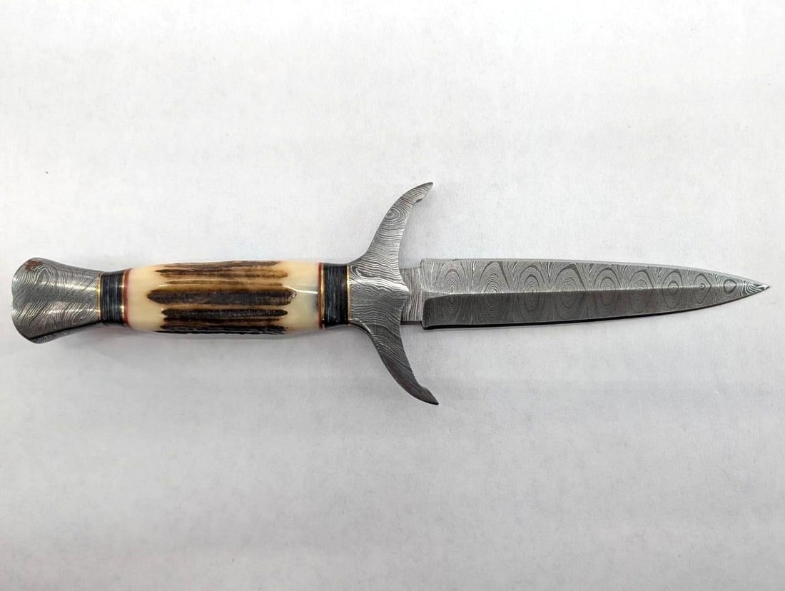 Stag Handle Boot Knife or Dagger: 10.25" overall length, with handmade leather sheath