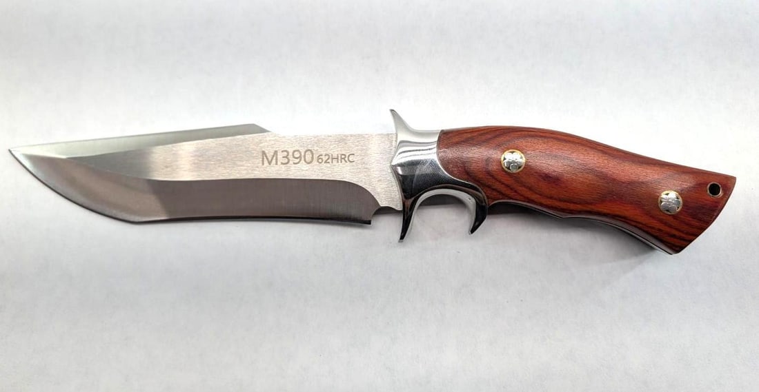 M390 Fixed Blade Knife: 10.25" overall length, with handmade leather sheath