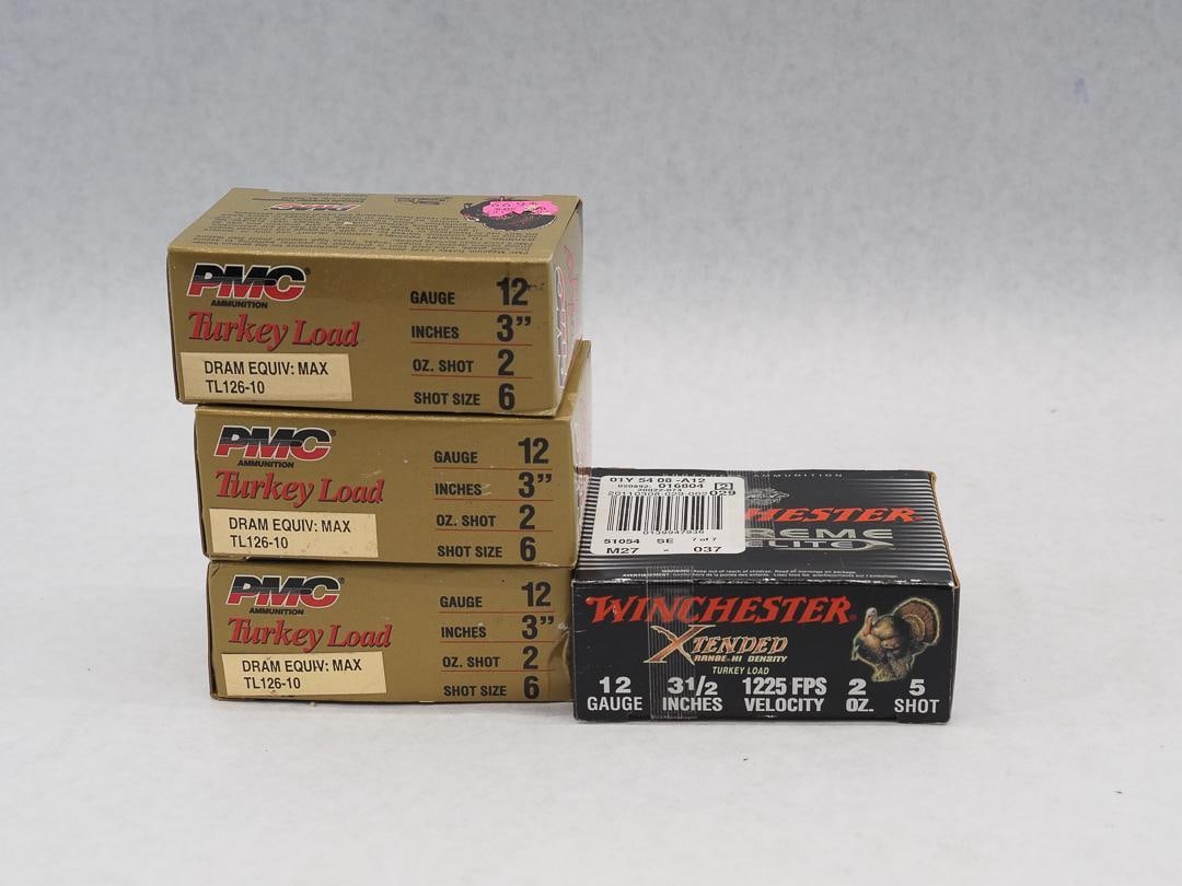 (3) Boxes of PMC 12 Ga. 3" 6 Shot Turkey Loads: also incl. (1) box of Winchester 12 Ga. 3.5" 5 shot turkey loads, contains 8 rounds