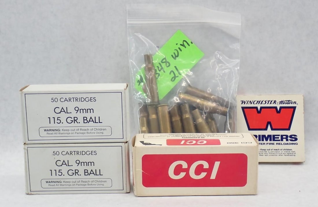 Asst. Cartridges, Primers, & Brass: incl. (100) Winchster LR Primers, (2) boxes of 9mm brass (mainly empty, some loaded), Box of CCI 350 primers (partially full), (21) .348 once fired brass