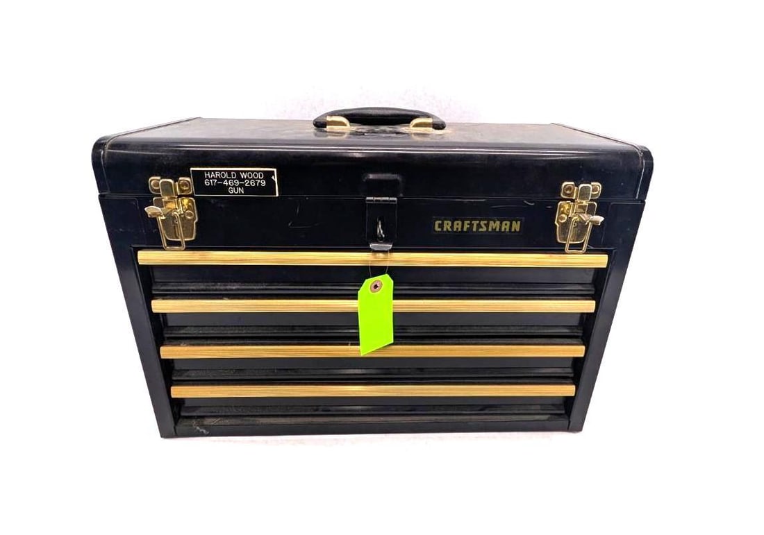 Gunsmiths Lot: incl. Chapman screwdriver kit, cleaning agents & rods, lens caps, bore brushes, mops, etc. & Craftsman 4-drawer toolbox