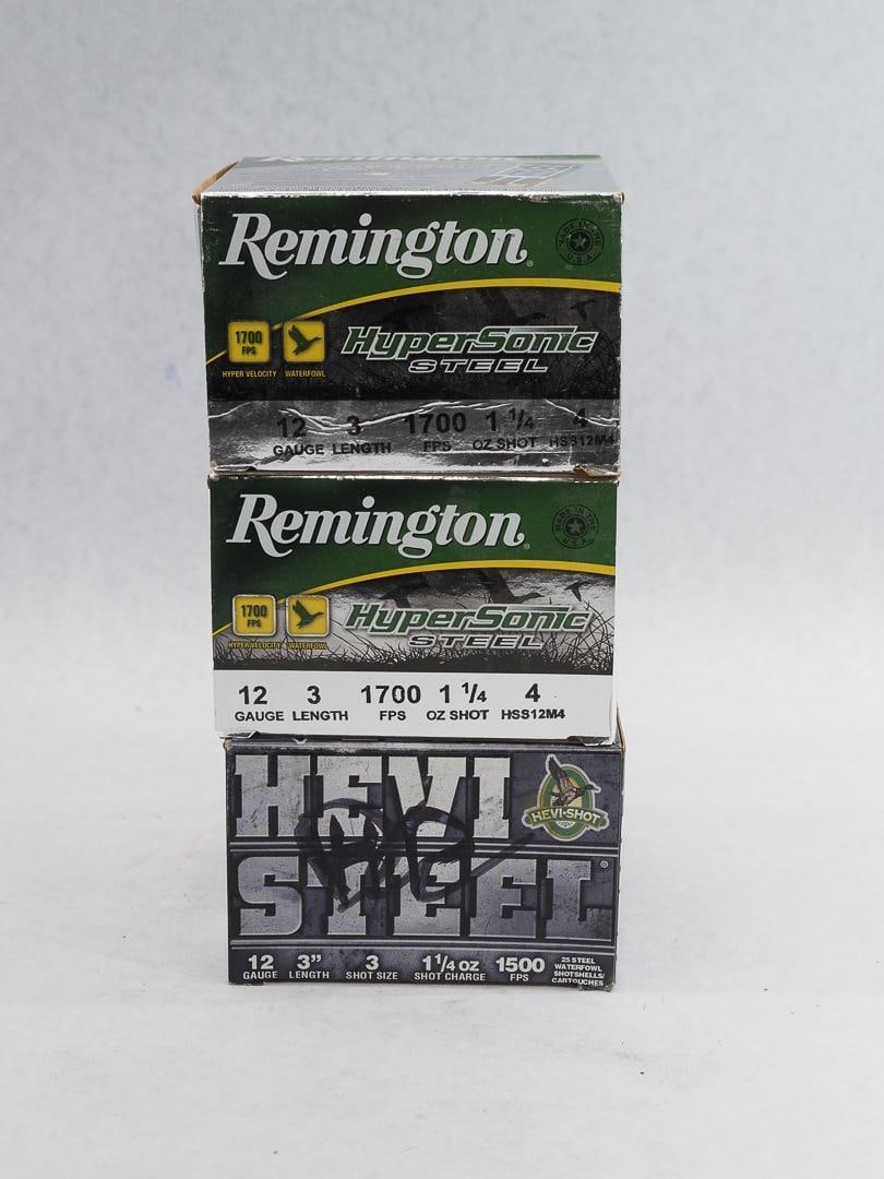 (2) Boxes of Remington 12 Ga. Hypersonic 3" 4 Shot: also incl. (1) box of Hevi Steel 12 ga. 3" 3 shot