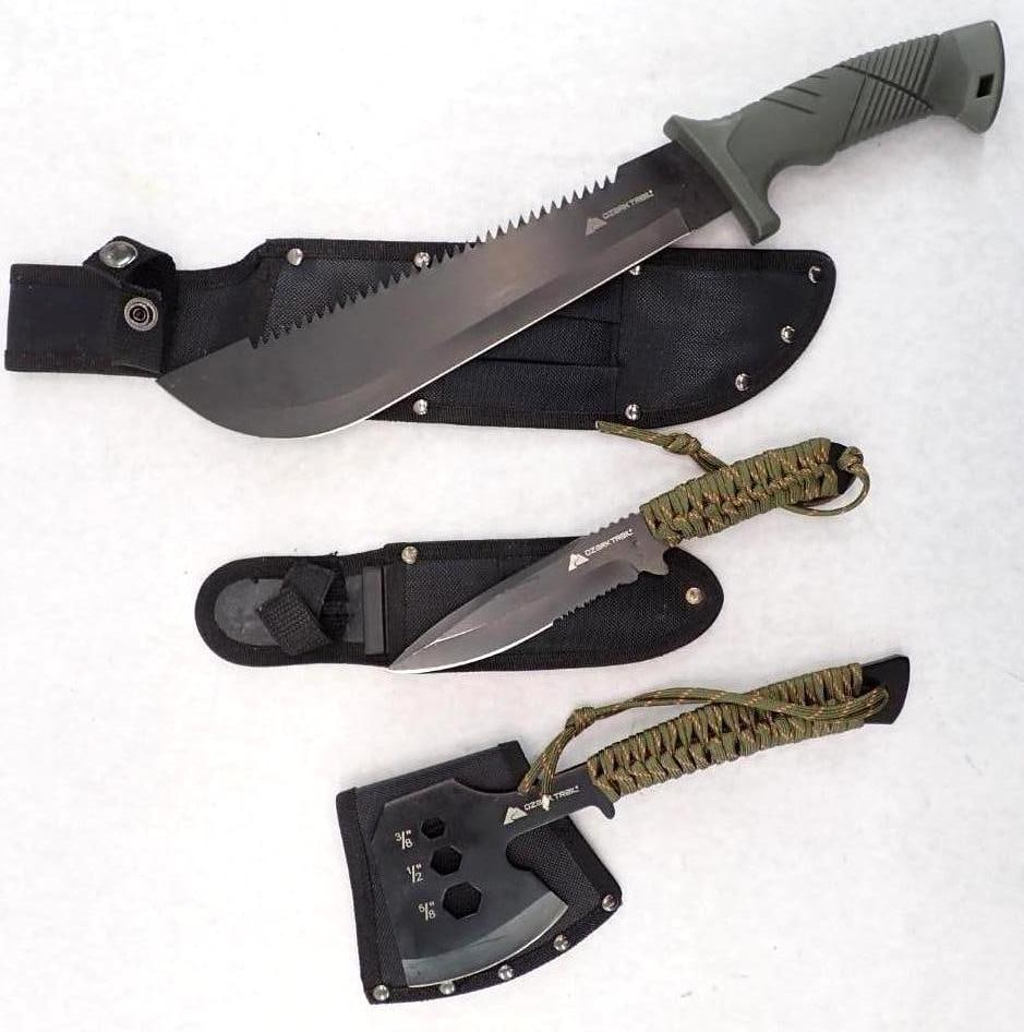 (3) Ozark Trail Fixed Blade Tools: incl. 16" machete, 9.5" knife, 10.5" hatchet