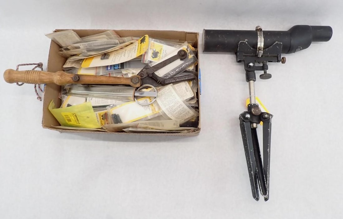 Argus Spotting Scope, Asst. Scope Bases & More: incl. hand clay thrower, Argus spotting scope & tri-pod, C.C. of B scissors and letter opener, and asst. Weaver scope bases