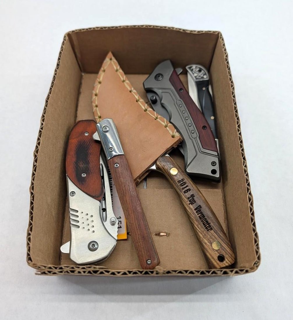 (5) Knives: (4) folding, (1) fixed blade, the largest being 8.75" overall length