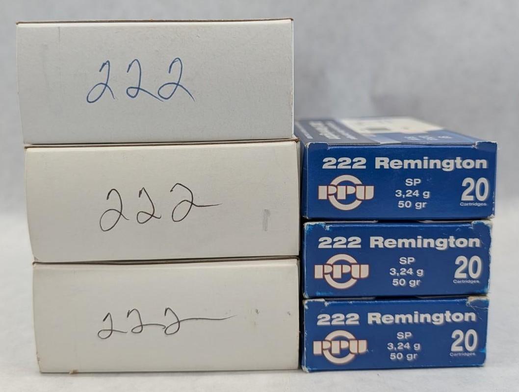(6) Boxes of .222 Cartridges: (3) boxes are handloads