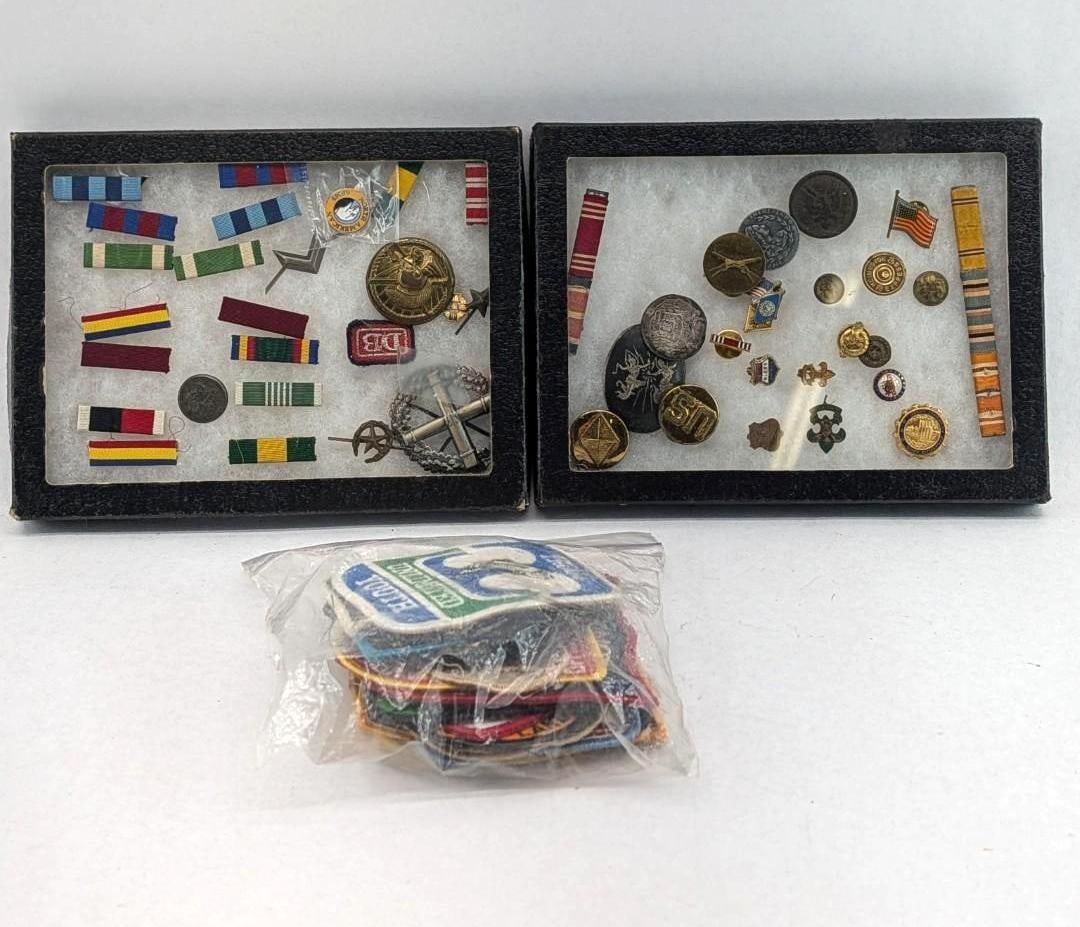 Collection of Military Medals, Buttons, Pins & Assorted Collectable Automotive & Hunting Patches: Collection of Military Medals, Buttons, Pins & Assorted Collectable Automotive & Hunting Patches