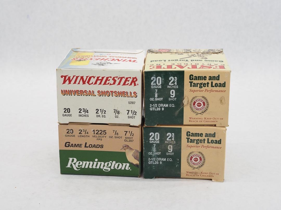 (2) Boxes of Estate 20 Ga. 2.75" 9 Gameloads: also incl. (1) box of Remington 20 ga. 2.75" 7.5, (1) Box of Winchster 20 ga. 2.75" 7.5 game loads