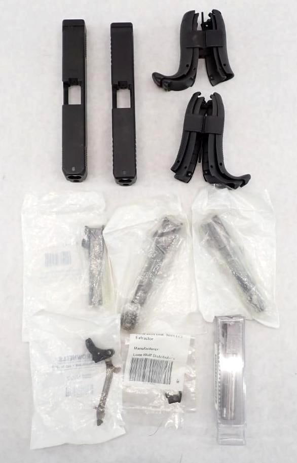 Assorted Glock Parts: incl. (3) G17 slides, barrells, grips, etc.