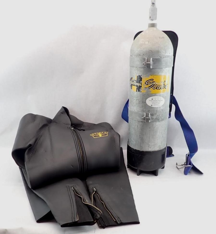 Scuba Divers Set: incl. neoprene divers top & bottom (size unknown) and Hathaway's scuba tank *tank for display purposes only