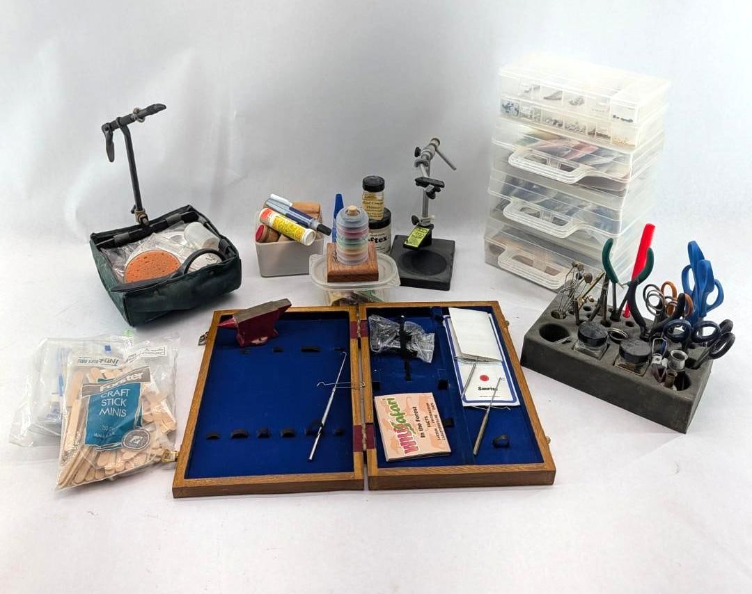 Fly Tying Equipment: incl. threads, tinsel, clamps, miniature anvil, vices, etc. *tote not included