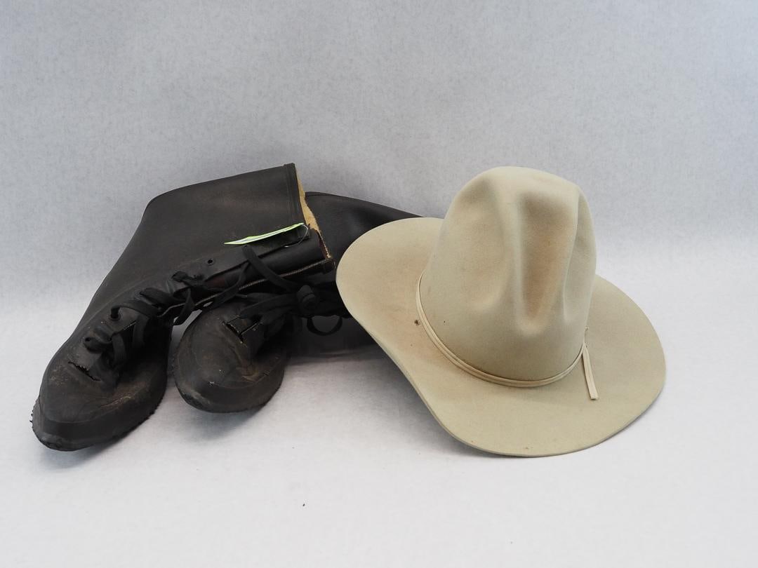 Suede John Stetson Hat & Pair of Lacrosse Boots: boots are size 8, hat size 7 1/8