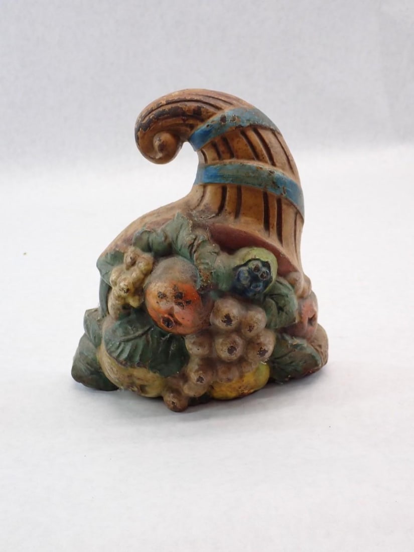 Antique Polychrome Cornucopia Cast Iron Door Stop: 7.5" in height