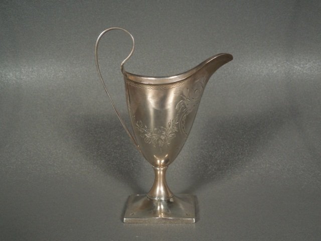 George III Silver Cream Jug, Alexander Field,1790: Fine George III Silver Cream Jug Alexander Field, 1789 with very fine detailed engraving. Weight 3 oz. Measures 6" tall