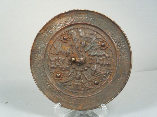 Chinese Bronze Mirror Gold Flake: Early Chinese bronze mirror, looks like gold flake in bronze. 650 Grams. Measures 6 1/8".