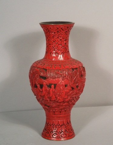 Chinese Qing Period Cinnabar Vase.: Fine quality Chinese Qing period Cinnabar vase. measures 10 1/2". Provenance this was sold at Sotheby's Park Bernet Auction House in 1971 along with our next Cinnabar Box Lot # 156 as well. good condi