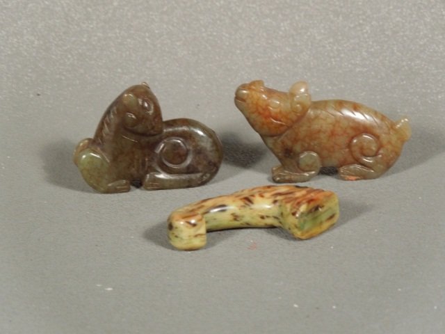 Two Antique Chinese Jade Animal Figures: Two antique Chinese animal figures along with another piece. measures 2 ". good condition.